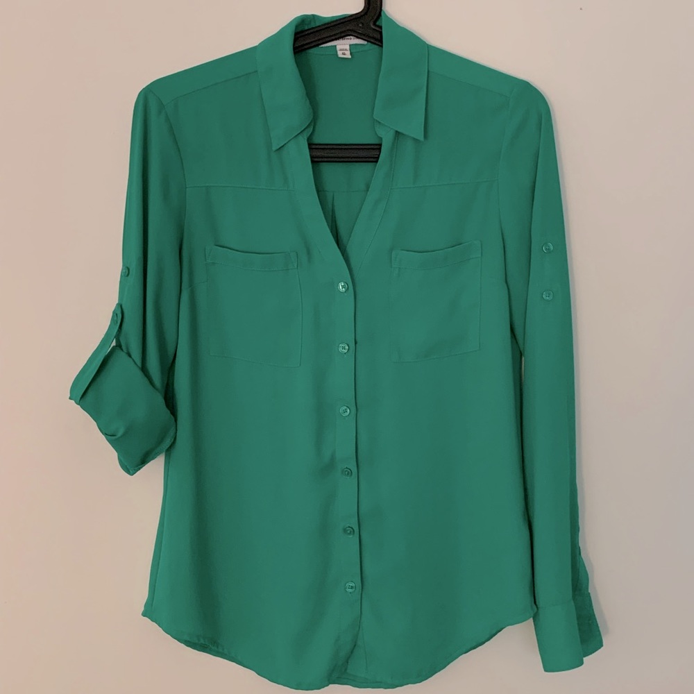 Express Original Portofino Shirt Collar V-Neck Pocket Blouse Size XS Green